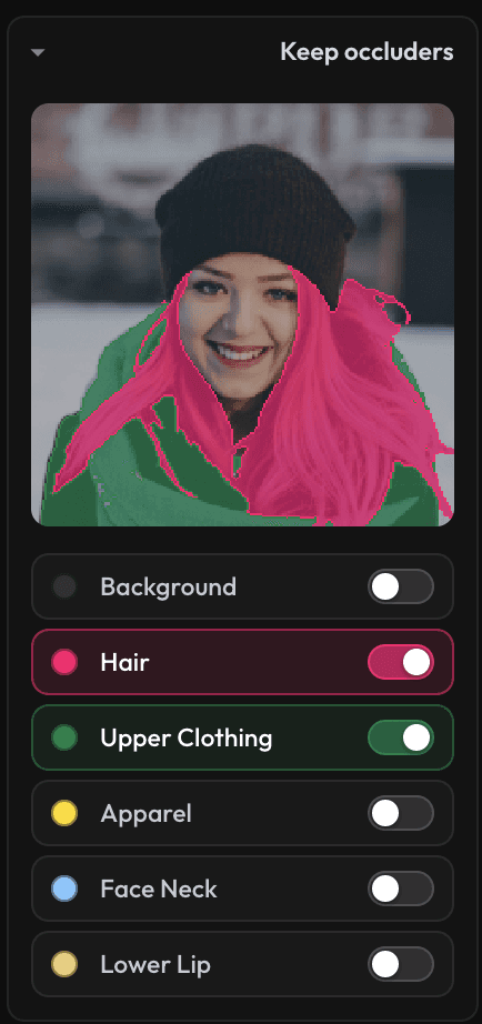 Keep occluders panel — Hair and Upper Clothing toggles enabled, hat shown in green