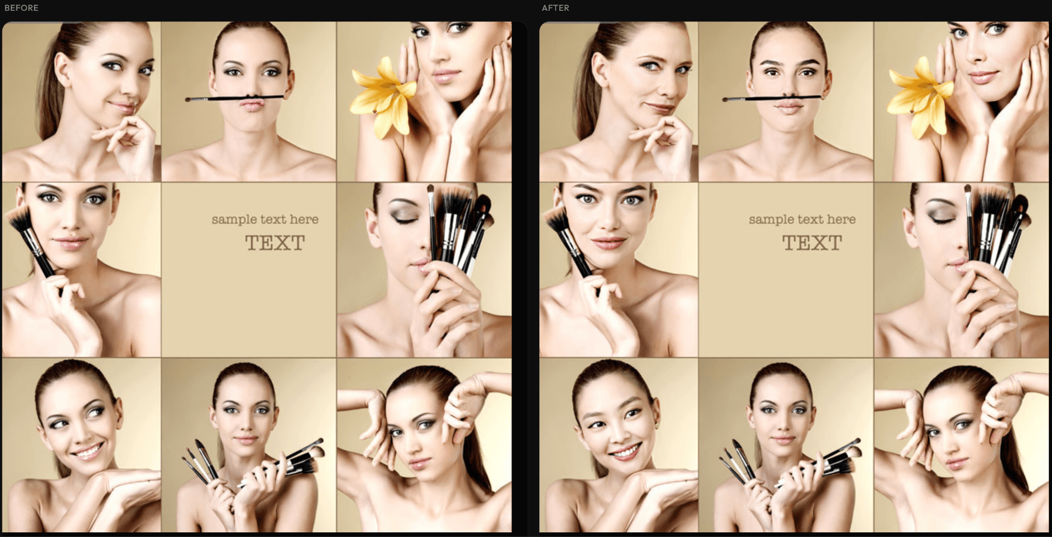 Before and after grid showing nine portraits face-swapped in a single shot