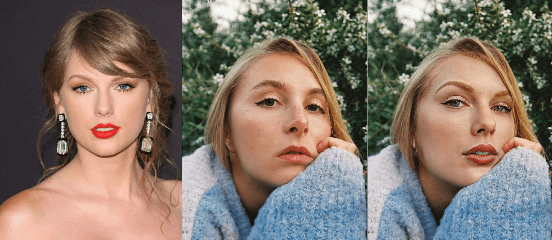 Three-panel comparison preserving fine skin detail across original, intermediate, and final swapped portrait at 2K