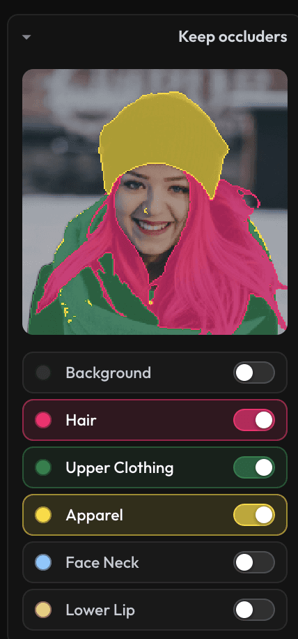 Keep occluders panel — Hair, Upper Clothing, and Apparel toggles all enabled, hat now shown in yellow