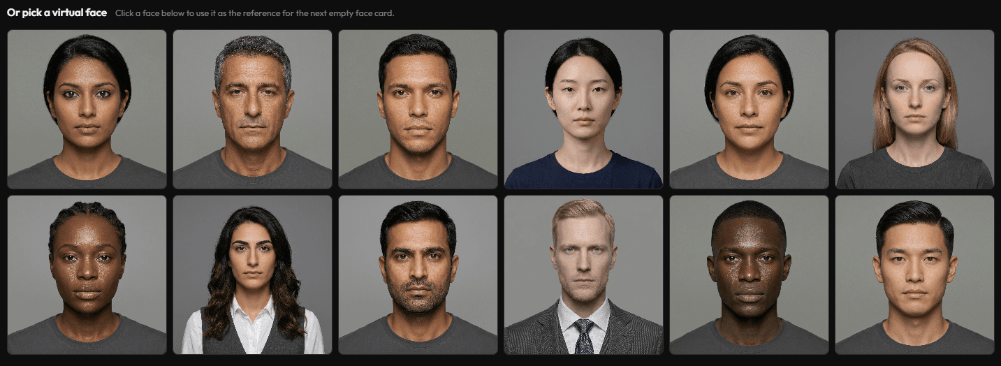 Virtual face library UI with twelve diverse AI-generated reference identities arranged in a grid