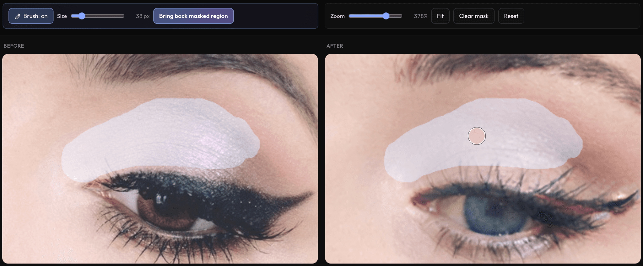 Brush mask painted across the eyeshadow region
