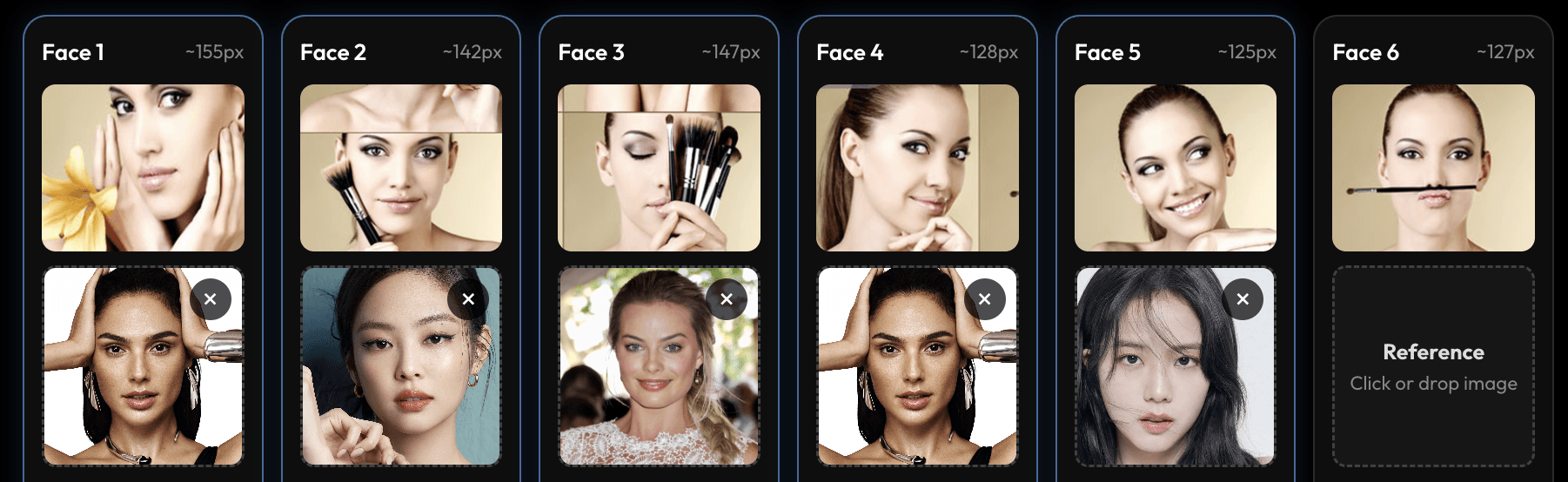 Per-face reference picker UI listing six detected faces, each assigned an individual identity reference