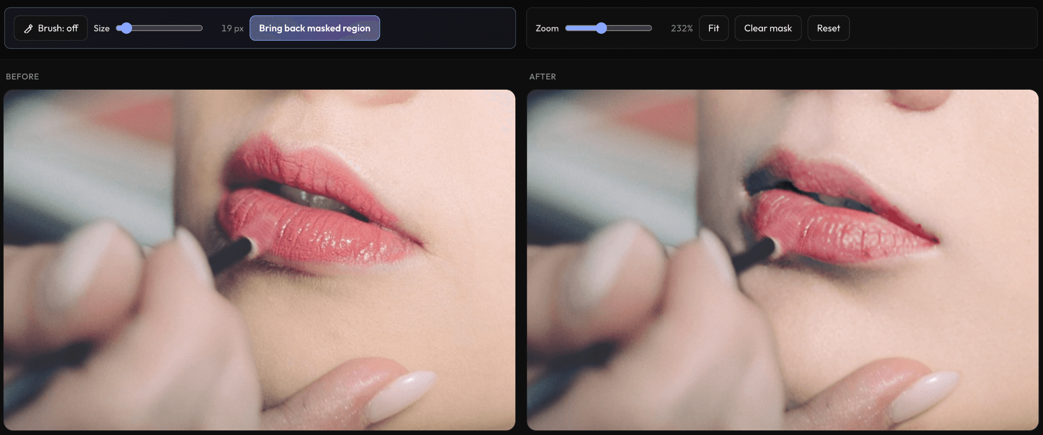 Final result where the makeup brush head has been restored after pressing Bring back masked region