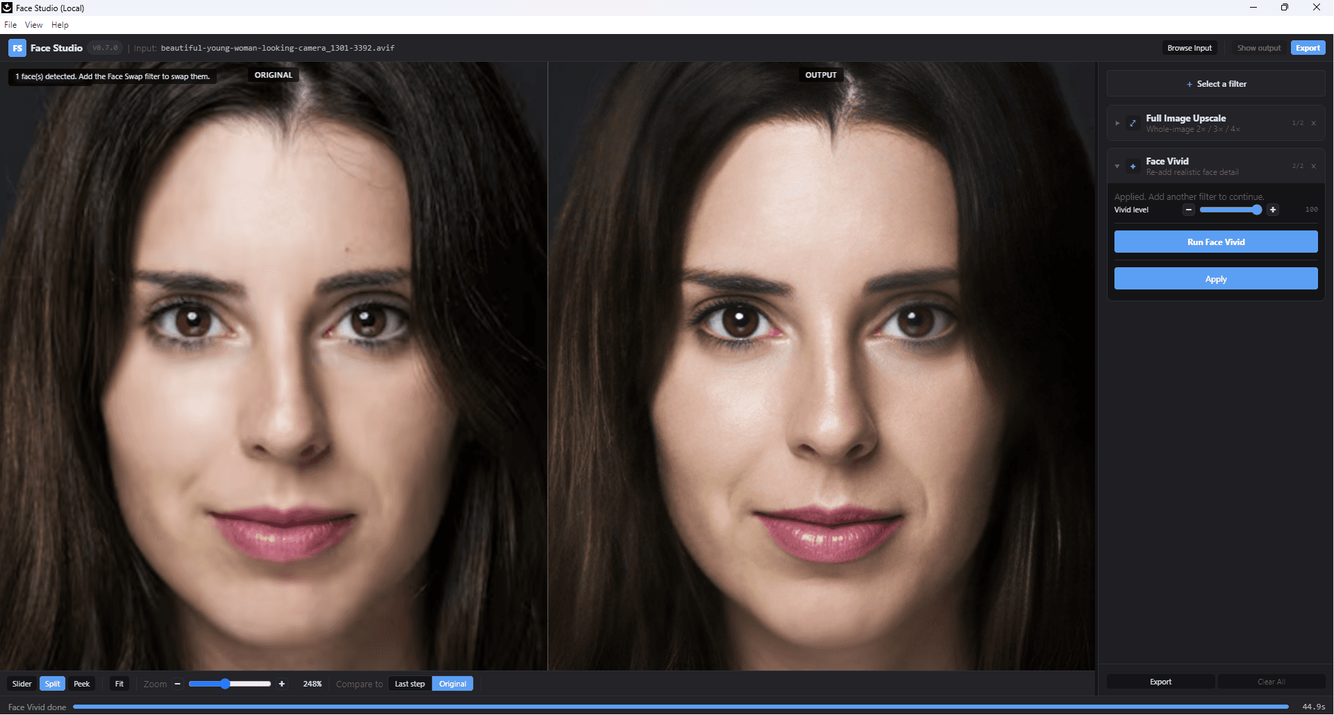 Nano FaceStudio Pro — Face Vivid before/after showing de-plasticized skin