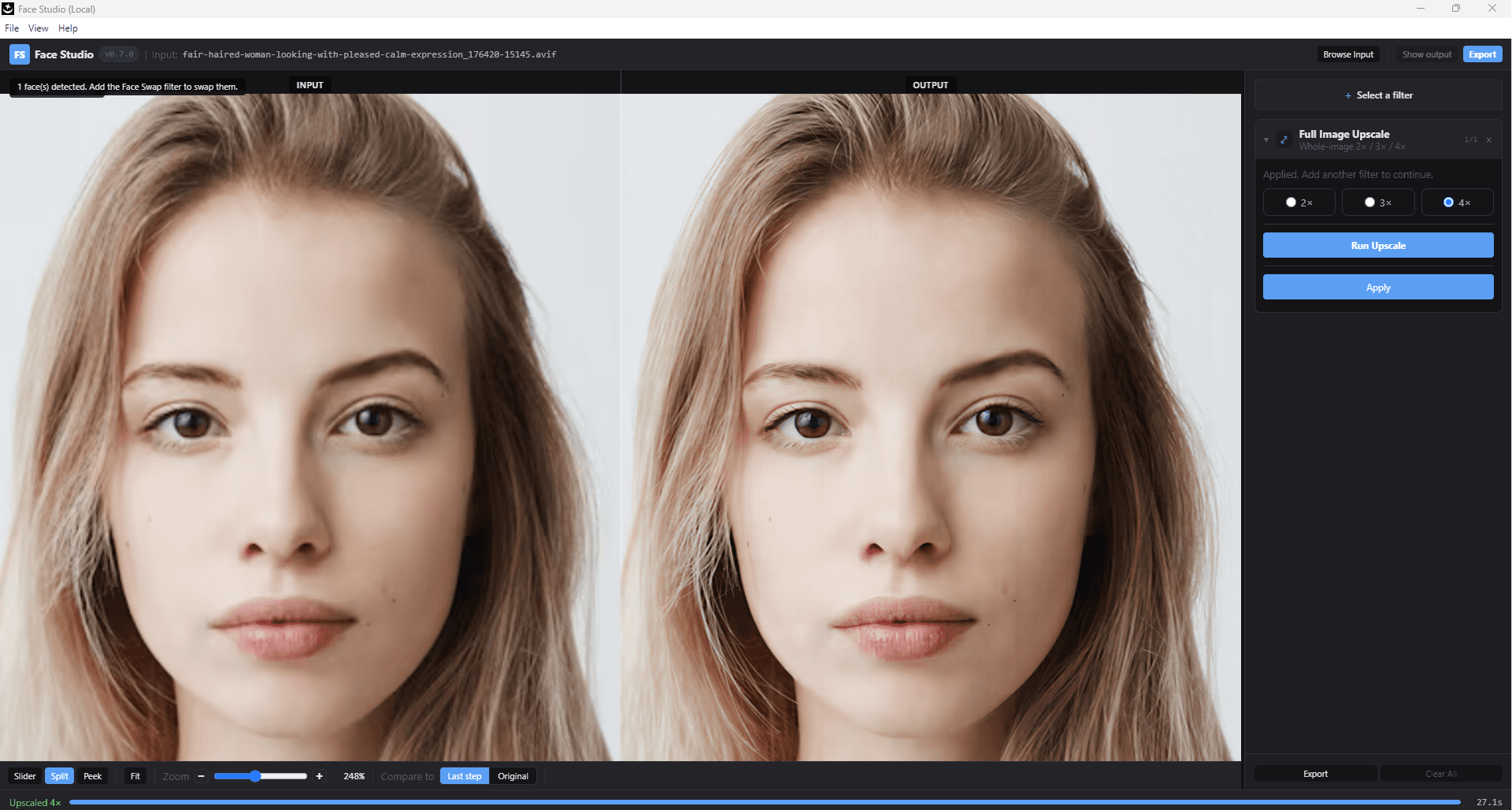 Nano FaceStudio Pro — full image upscale with 2×/3×/4× factor selector