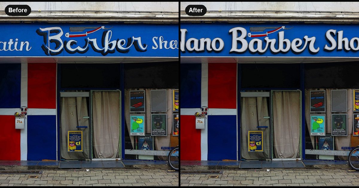 A blue barber shop sign before and after changing "Latin Barber Shop" to "Nano Barber Shop" with an AI photo editor