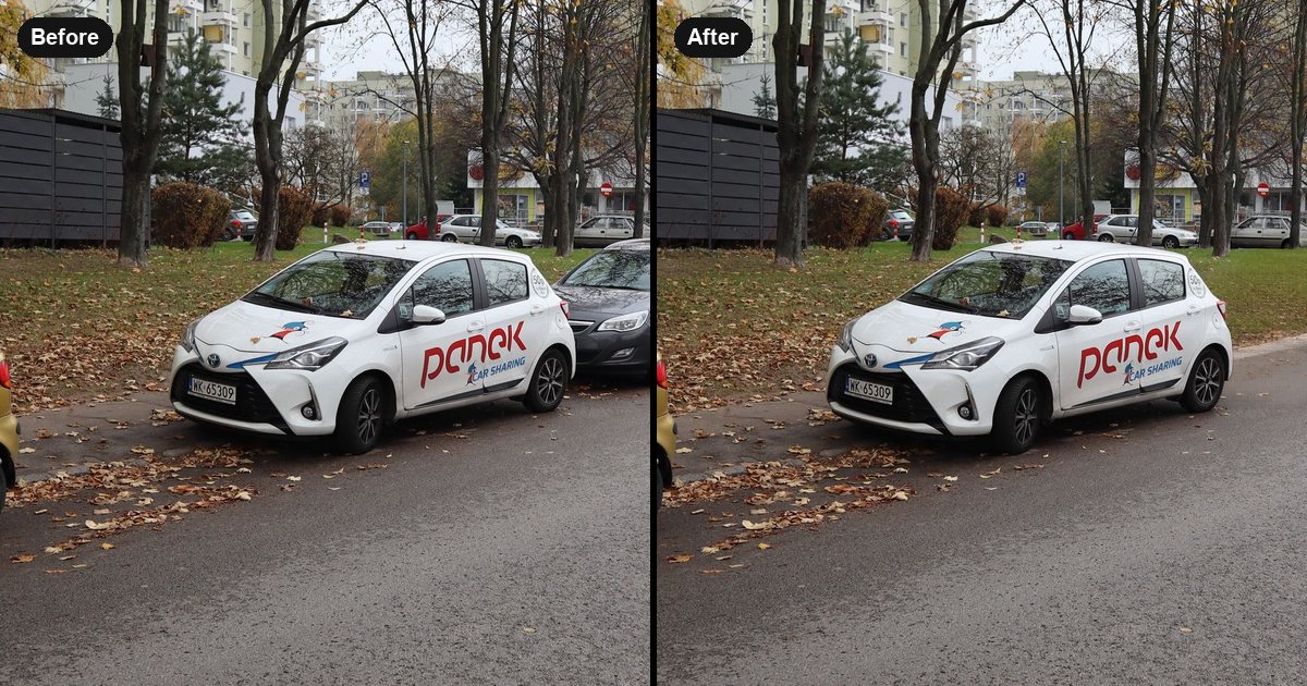 A street with parked cars before and after removing the grey hatchback with an AI photo editor
