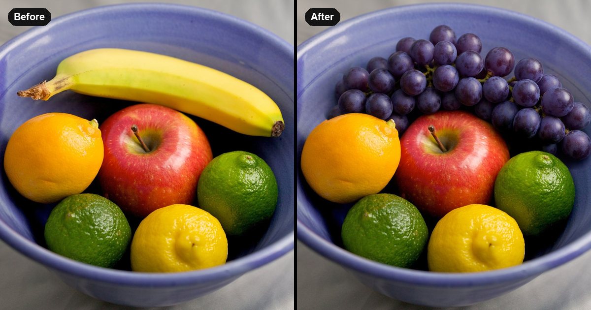 A bowl of fruit before and after replacing the banana with a bunch of purple grapes using an AI photo editor