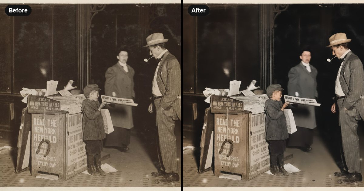 A sepia 1910 street photograph before and after AI colourisation and contrast repair