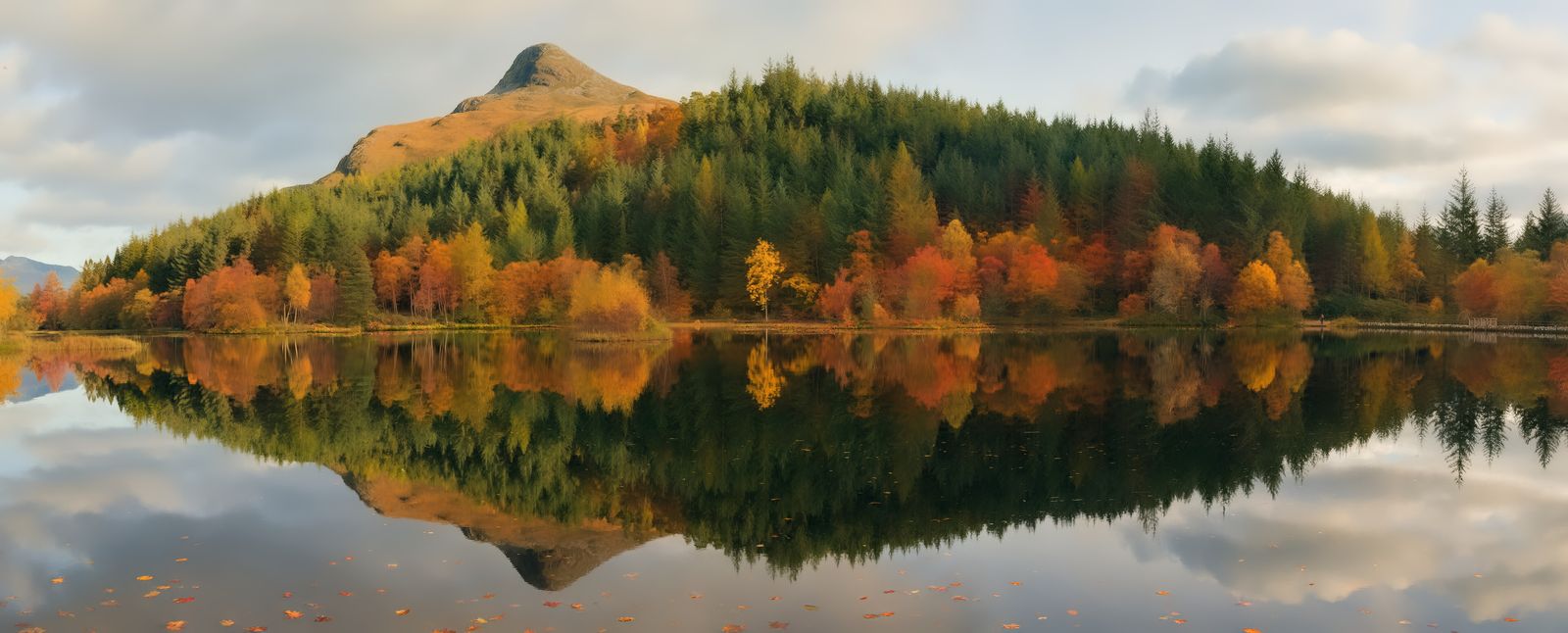 A Scottish loch with a wooded hill reflected in the water, before and after changing the season from summer green to autumn colours with AI — after