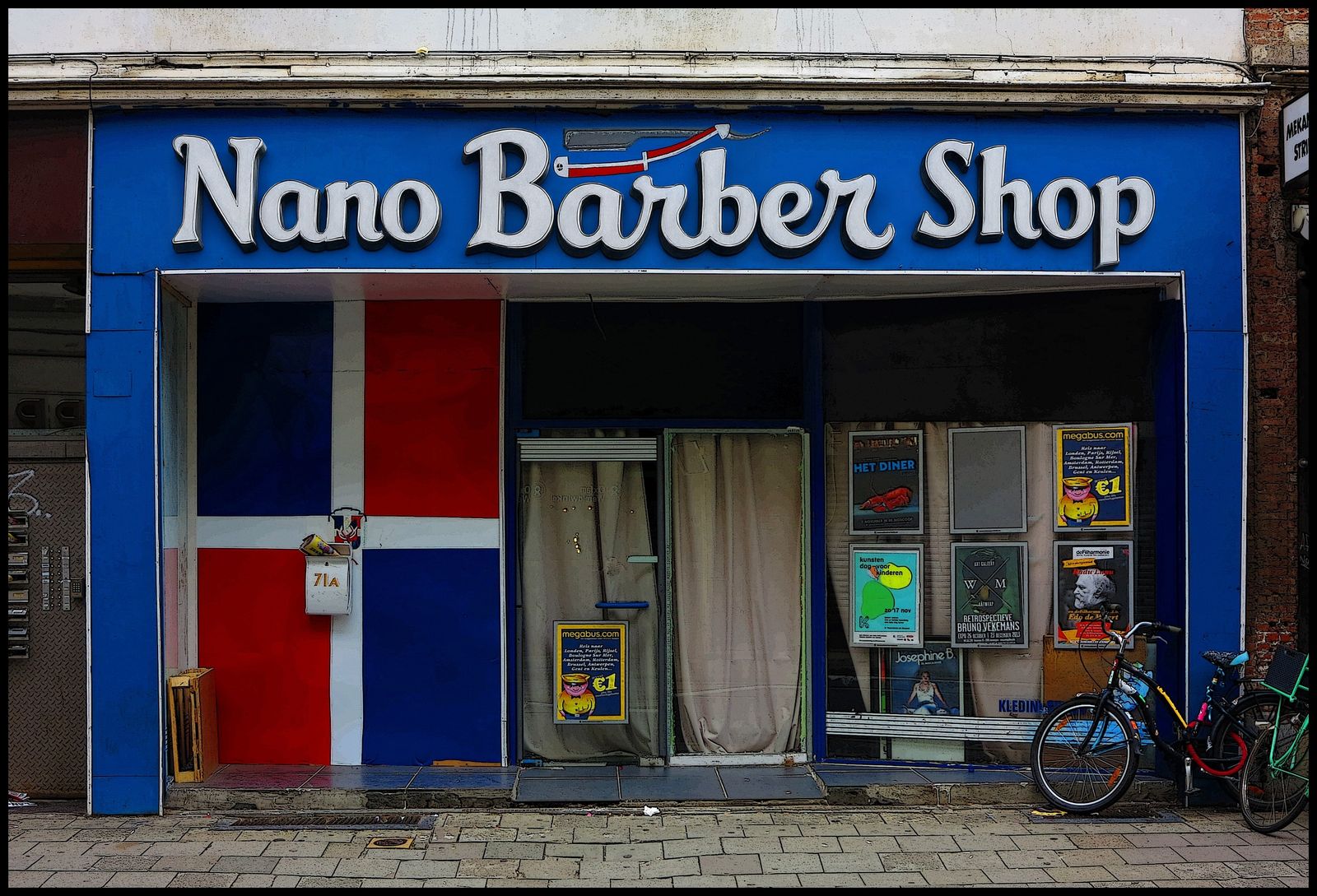 A blue barber shop storefront before and after changing the sign from "Latin Barber Shop" to "Nano Barber Shop" with AI, lettering style kept