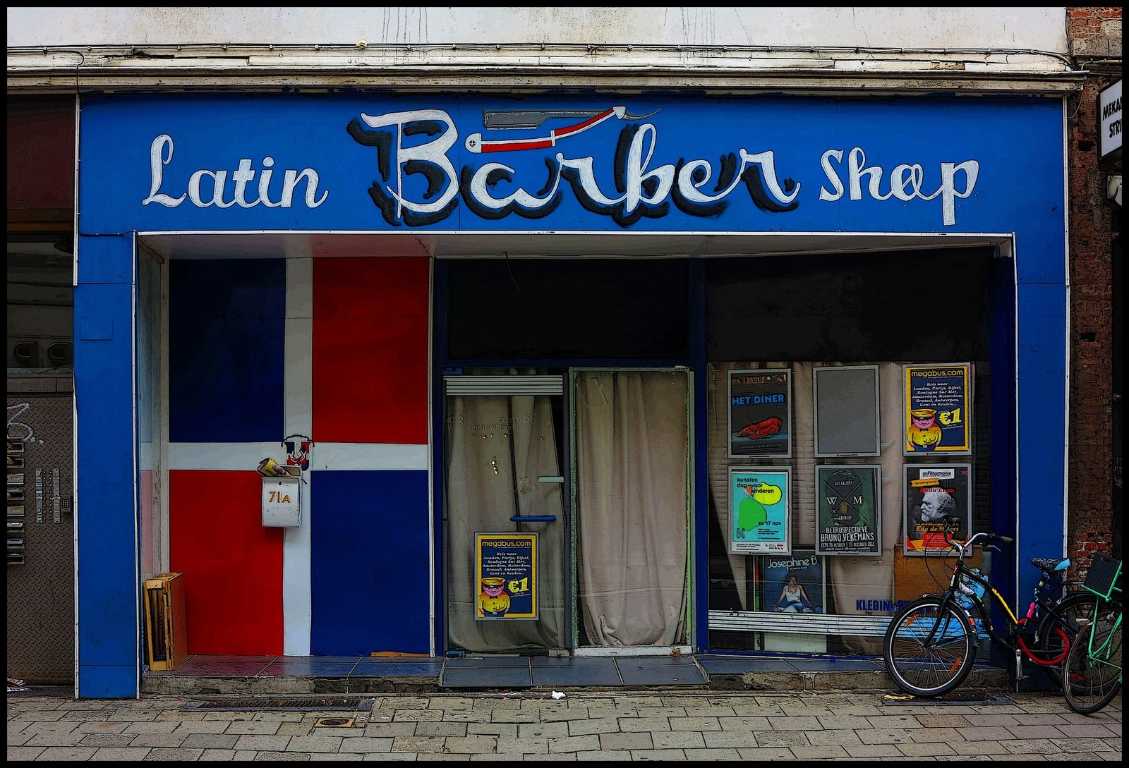 A blue barber shop storefront before and after changing the sign from "Latin Barber Shop" to "Nano Barber Shop" with AI, lettering style kept — before